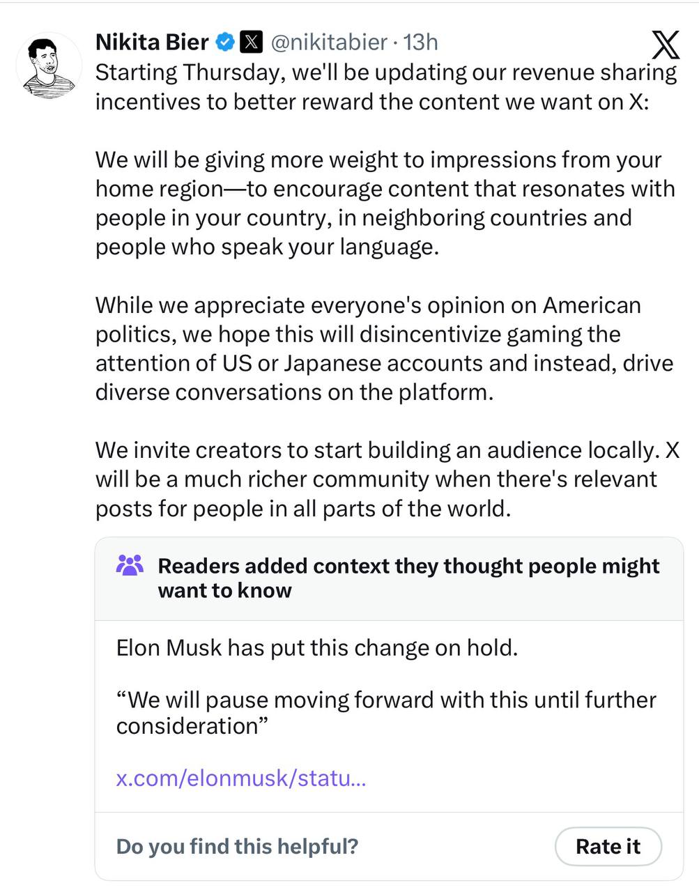 Nikita Bier's post announcing the monetization policy change, with a Community Note showing Elon Musk has paused the policy